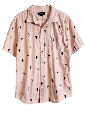 Pacsun Light Pink Embroidered Cactus Short Sleeve Cotton Button Down Shirt